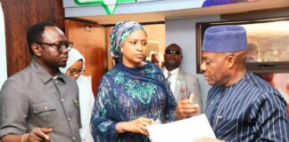 L-R: The Honourable Minister, Federal Ministry of Youth Development, Comrade Ayodele Olawande, the Special Adviser to the President on Policy and Coordination, Hajiya Hadiza Bala Usman, and the Honourable Minister, Federal Ministry of Education, Dr. Maruf Tunji Alausa, during the inauguration of the NYSC Reform Committee.