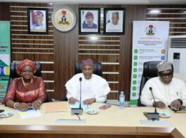 From L-R is the Director General of Nigeria Mining Cadastre Office, Engr. Obadiah Simon Nkom with the Incoming Permanent Secretary Ministry of Solid Mineral Development (MSMD), Engr. Faruk Yusuf Yabo and the Outgoing Permanent Secretary MSMD Dr. Mary A. Ogbe during the sucessful Handover transition held on Friday 2nd May, 2025 at Ministry's Conference Room, Abuja