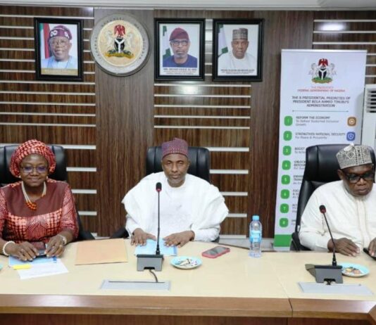 From L-R is the Director General of Nigeria Mining Cadastre Office, Engr. Obadiah Simon Nkom with the Incoming Permanent Secretary Ministry of Solid Mineral Development (MSMD), Engr. Faruk Yusuf Yabo and the Outgoing Permanent Secretary MSMD Dr. Mary A. Ogbe during the sucessful Handover transition held on Friday 2nd May, 2025 at Ministry's Conference Room, Abuja