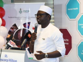 Hon. Minister of Youth Development, Comrade Ayodele Olawande presenting speech at the launch of YO! HEALTH Initiative in Abuja today.