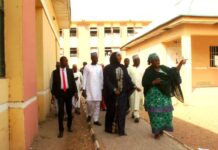 The honourable Minister of State for Education Prof Suiwaba Sa'id Ahmad inspecting Federal Government College Kano with Principal on her left and others