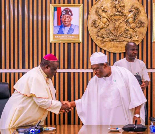Secretary to the Government of the Federation, Sen. George Akume, fnim, CON, receives the Northern Pentecostal and Charismatic Bishops Communion of Nigeria led by Archbishop John Praise Daniel on courtesy visit on Friday, 2nd May, 2025 in his office.