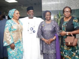 L-R Chide Omali, Global President, FGGC Gboko Old Girls Association, Michael Magaji, President General, USOSA, Mrs. Lydia S. Jafiya mni, Permanent Secretary, Federal Ministry of Finance and Dubem Anene in a group photograph after the courtesy visit today in her office in Abuja