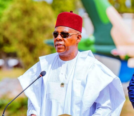 L-R: Vice President Kashim Shettima, representing President Bola Ahmed Tinubu, receiving a complimentary award from Chief of Air Staff, Air Marshal Hasan Bala Abubakar, during the induction ceremony of two Agusta A-109S Trekker Power Attack Helicopters at the Presidential Air Fleet Apron, Nnamdi Azikiwe International Airport, Abuja, marking the 61st anniversary of the Nigerian Air Force (NAF), on Friday (16/05/2025).