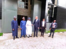 "NTAC DG, Rt. Hon. Yusuf Buba Yakub, shares a parting handshake with Amb. Mosen Antit, Tunisian Ambassador to Nigeria, as Amb. Yakubu Abdullahi Ahmed, Director of Administration, and Amb. Zakari Usman, Director of Programmes, along with other accompanying Foreign Service Officers, look on. The occasion was a courtesy visit to NTAC by the Tunisian Envoy on Monday, May 26, 2025, in Abuja."