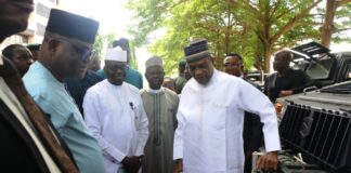 Minister of Police Affairs, Senator Ibrahim Gaidam, during the inspection of the Modified Light Tactical Vehicles along with the Permanent Secretary, Dr. Anuma Ogbonaya Nlia, and top Management of the Ministry at the Federal Secretariat, Phase III, in Abuja.