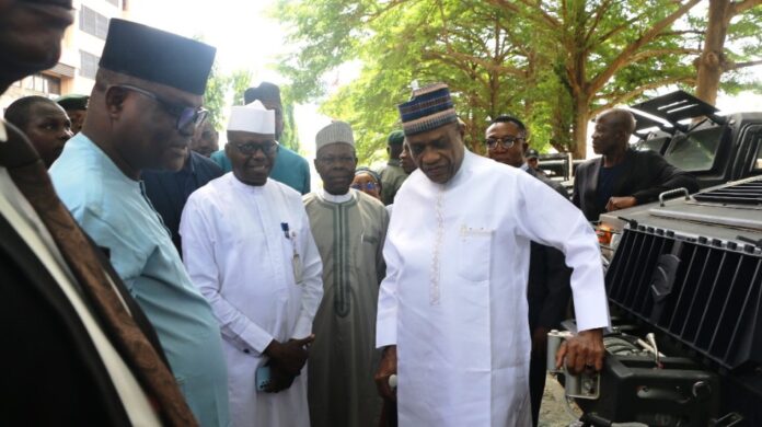 inspection of the Modified Light Tactical Vehicles Minister of Police Affairs, Senator Ibrahim Gaidam, during the inspection of the Modified Light Tactical Vehicles along with the Permanent Secretary, Dr. Anuma Ogbonaya Nlia, and top Management of the Ministry at the Federal Secretariat, Phase III, in Abuja.