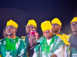 Vice President, Senator Kashim Shetima flanked to his Right by Ogun State Governor Prince Dapo Abiodun, and to his left by Governor Bala Buni of Yobe State, behind the VP is the Chairman, National Sports Commission, Mallam Shehu Dikko, Minister of Communications, Bosun Tijani, Senior Special Assistant to the President on Political matters, Mallam Mazari, during the opening Ceremony of National Sports Festival, Gateway Games, Ogun 2024, in Abeokuta on Sunday 18th May, 2025