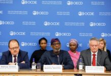 L-R: Director of Global Relations and Cooperation, Organisation for Economjc Cooperation and Development (OECD), Andreas Schaal; Minister of Solid Minerals Development, Dr. Dele Alake; Mathias Cormann, Secretary-General, OECD at the Policymakers Day on Minerals and Development on the sidelines of the OECD Forum in Paris, France, 11th May, 2025.