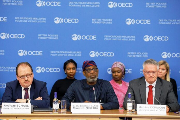 sidelines of the OECD Forum L-R: Director of Global Relations and Cooperation, Organisation for Economjc Cooperation and Development (OECD), Andreas Schaal; Minister of Solid Minerals Development, Dr. Dele Alake; Mathias Cormann, Secretary-General, OECD at the Policymakers Day on Minerals and Development on the sidelines of the OECD Forum in Paris, France, 11th May, 2025.