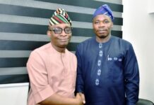 L-R: Director-General, Bureau of Public Procurement (BPP) Dr. Adebowale A. Adedokun, MCIPS, ACFE in warm handshake with his National Automotive Design and Development Council (NADDC) Counterpart, Mr. Oluwemimo J. Osanipin during his visit to BPP in Abuja