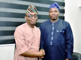 L-R: Director-General, Bureau of Public Procurement (BPP) Dr. Adebowale A. Adedokun, MCIPS, ACFE in warm handshake with his National Automotive Design and Development Council (NADDC) Counterpart, Mr. Oluwemimo J. Osanipin during his visit to BPP in Abuja