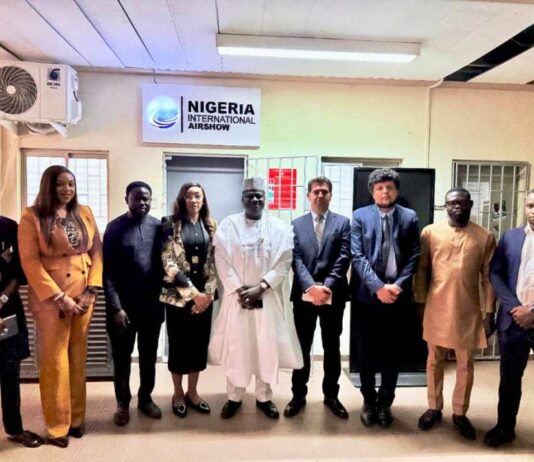 Permanent Secretary, Ministry of Aviation and Aerospace Development, Dr. Ibrahim Abubakar Kana mni 5th from left, Chief Executive Officer, Nigeria Air show, Brian Williams 4th from left and members of the International Airline Operators.