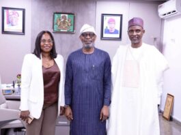 The person in the middle of the picture is the Honourable Minister of Solid Minerals Development Dr. Dele Alake. R-L the representative of the Head of Civil Service of the Federation Mrs Patience Oyekunle, she is the Permanent Secretary, Service Welfare Office in Head of Service. L-R is the Permanent Secretary of Solid Minerals Development, Engr. Faruk Yusuf Yabo FNSE during the visit of all the Head of Service of the 36 States and FCT for a Study Tour at the Honorable Minister's Conference Room in Abuja on the 24th of June, 2025