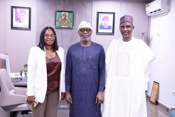 2025 Civil Service Week The person in the middle of the picture is the Honourable Minister of Solid Minerals Development Dr. Dele Alake. R-L the representative of the Head of Civil Service of the Federation Mrs Patience Oyekunle, she is the Permanent Secretary, Service Welfare Office in Head of Service. L-R is the Permanent Secretary of Solid Minerals Development, Engr. Faruk Yusuf Yabo FNSE during the visit of all the Head of Service of the 36 States and FCT for a Study Tour at the Honorable Minister's Conference Room in Abuja on the 24th of June, 2025