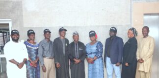 Members of the ACTU Committee led by its Chairman Alhaji Abubakar Othman with the Director, Information and Public Relations, Mohammed Manga in a group photograph shortly after launching the staff sensitization campaign on Friday at the Ministry's Headquarters, Abuja