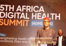 The Honourable Minister of State for Health & Social Welfare, Abuja Dr. Iziaq Adekunle Salako delivering his keynote address at the 5th Africa Digital Health Summit held in Lagos.