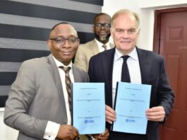 L-R: Director-General, Bureau of Public Procurement (BPP) Dr. Adebowale A. Adedokun, FCIPS, ACFE, and the Chief Executive Officer, Chartered Institute of Procurement and Supply (CIPS) UK, Mr. Ben Farrel displaying copies of Memorandum of Understanding (MoU) signed by the BPP and CIPS during the CIPS Team visit to BPP in Abuja