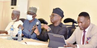 Director-General, Bureau of Public Procurement (BPP) Dr. Adebowale A. Adedokun, FCIPS, ACFE, 2nd, right, Director, Civil Infrastructure, Engr. Nasir M. Bello, 2nd left, Director, Compliance, Certification and Monitoring, BPP, Engr. Isaiah G. Yesufu, 1st Right and Director, Procurement, FCTA, Mr. Musa Idris Onsachi during the BPP meeting with the Directors/Heads of Procurement in Ministries, Departments, Agencies (MDAs) at the State House Auditorium, Presidential Villa Abuja