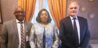 L-R: Director-General of the Bureau of Public Procurement (BPP),Dr. Adebowale Adedokun; Head of the Civil Service of the Federation, Mrs. Didi Esther Walson-Jack, OON, mni, Group Chief Executive Officer of the Chartered Institute of Procurement & Supply (CIPS), UK,Mr. Ben Farrell in Abuja.
