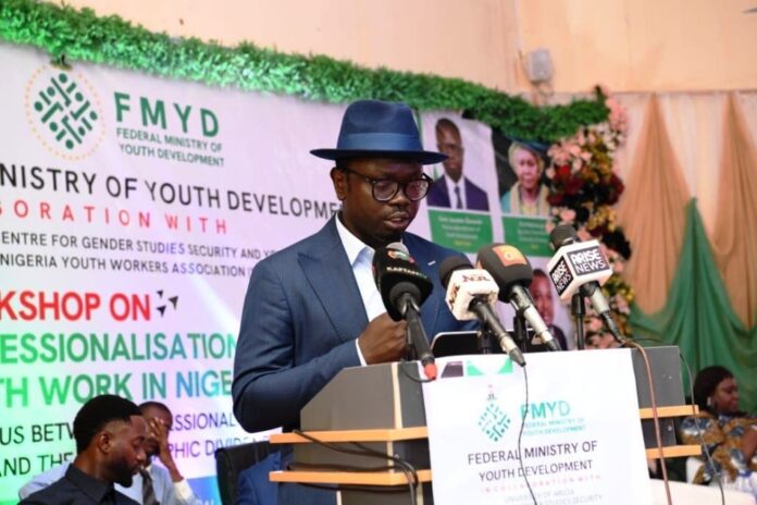 Comrade Ayodele Olawande The Honourable Minister of Youth Development, Comrade Ayodele Olawande, delivering his address at the Workshop on the Professionalisation of Youth Work in Nigeria, held at the University of Abuja.