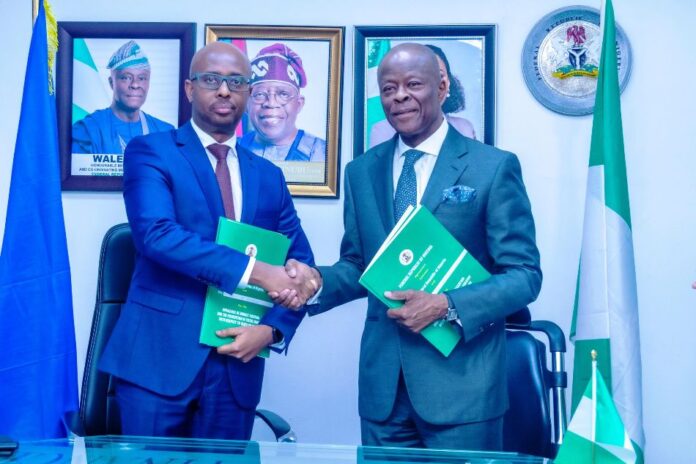 Cross-Border Investment R-L: Honourable Minister of Finance and Coordinating Minister of the Economy Mr Wale Edun and Rwanda’s Minister of Finance and Economic Planning Mr Yusuf Murangwa, pictured shortly after the signing of the double Taxation Treaty agreement today to unlock cross-border investment on the sidelines of the 32nd Afreximbank Annual Meetings holding in Abuja, Nigeria