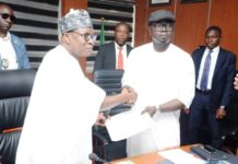 Hon. Minister of Regional Development, Eng. Abubakar Momoh (left) with his counterpart, Hon. Minister of Youth Department, Comride Ayodele Olawande during the handing over of Skills Acquisition Centre Agadagba - obon Ese- Odo LGA, ondo State, the event held in Abuja.