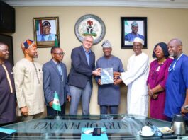 from Left to right 1. Uwakwe Rowland- Assistant Director (URD) 2. Mark Chieshe- S.A media to the Minister of Housing 3. Paul Okunlola- UN Habitat Country Manager 4. Dr. Mathias Spaliviero- West Africa Head, UN -Habitat 5. Wale Edun- Honourable Minister of Finance and Coordinating Minister of The Economy 6. Arc. Ahmed M.Dangiwa - Minister of Housing and Urban Develelopment 7. Adejobi Margaret- Director (URD) FMHUD 8. Okafor Christian- Senior Tech Advisor.