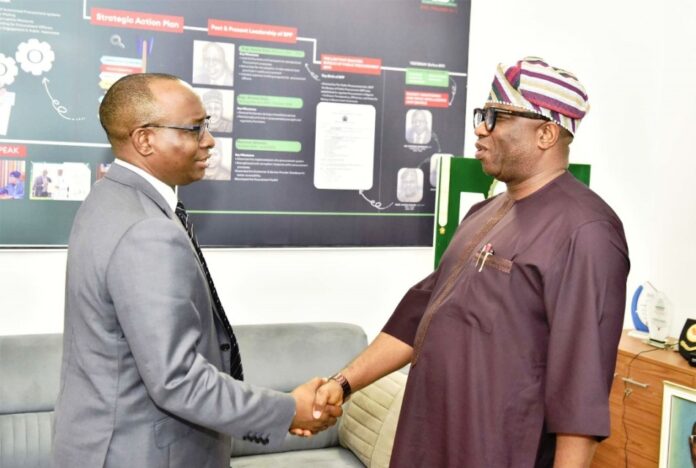 L-R: Director-General, Bureau of Public Procurement (BPP) Dr. Adebowale A. Adedokun, FCIPS, ACFE welcomes the National Commissioner/Chief Executive Officer, National Data Protection Commission (NDPC), Dr. Vincent Olatunji to his office in Abuja