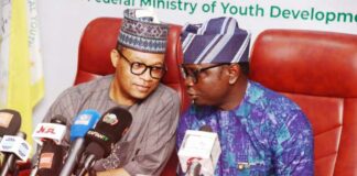L-R: The Chairman of the National Planning Committee and Permanent Secretary of the Ministry, Olubunmi Olusanya and the Honourable Minister of Youth Development, Comrade Ayodele Olawande during the launching of the official website for the National Youth Conference 2025 (Youth Confab).