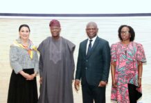 L-R 1. The Honourable Minister of State for Finance Dr Doris Uzoka-Anite,CFA 2. The Honourable Minister of Finance and Coordinating Minister of the Economy Mr Wale, OFR 3. Mr Raymond Omenka Omachi, Permanent Secretary Special Duties, Federal Ministry of Finance and 4. Mrs Sayande Okoli, Special Adviser to the President on Finance and Economy in a group photograph shortly after the Second quarter of the 2025 Stakeholders and Citizens Engagement Session held today at the Federal Ministry of Finance Headquarters, Abuja
