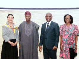 L-R 1. The Honourable Minister of State for Finance Dr Doris Uzoka-Anite,CFA 2. The Honourable Minister of Finance and Coordinating Minister of the Economy Mr Wale, OFR 3. Mr Raymond Omenka Omachi, Permanent Secretary Special Duties, Federal Ministry of Finance and 4. Mrs Sayande Okoli, Special Adviser to the President on Finance and Economy in a group photograph shortly after the Second quarter of the 2025 Stakeholders and Citizens Engagement Session held today at the Federal Ministry of Finance Headquarters, Abuja