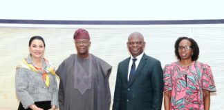 L-R 1. The Honourable Minister of State for Finance Dr Doris Uzoka-Anite,CFA 2. The Honourable Minister of Finance and Coordinating Minister of the Economy Mr Wale, OFR 3. Mr Raymond Omenka Omachi, Permanent Secretary Special Duties, Federal Ministry of Finance and 4. Mrs Sayande Okoli, Special Adviser to the President on Finance and Economy in a group photograph shortly after the Second quarter of the 2025 Stakeholders and Citizens Engagement Session held today at the Federal Ministry of Finance Headquarters, Abuja
