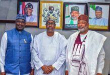 L- R, the Minister of State for Agriculture and Food Security, Sen Dr Aliyu Sabi Abdullahi, Gambia's Minister of Agriculture, Livestock and Food Security, Dr Dembal Sabally and Minister of Agriculture and Food Security, Sen Abubakar Kyari, during the courtesy visit.