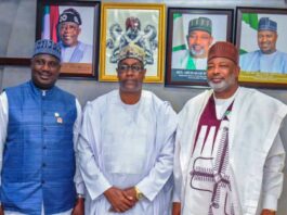 L- R, the Minister of State for Agriculture and Food Security, Sen Dr Aliyu Sabi Abdullahi, Gambia's Minister of Agriculture, Livestock and Food Security, Dr Dembal Sabally and Minister of Agriculture and Food Security, Sen Abubakar Kyari, during the courtesy visit.