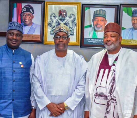 L- R, the Minister of State for Agriculture and Food Security, Sen Dr Aliyu Sabi Abdullahi, Gambia's Minister of Agriculture, Livestock and Food Security, Dr Dembal Sabally and Minister of Agriculture and Food Security, Sen Abubakar Kyari, during the courtesy visit.