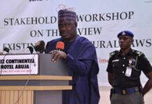The Minister of State for Agriculture and Food Security, Sen.Dr Aliyu Sabi Abdullahi, during the workshop held in Abuja