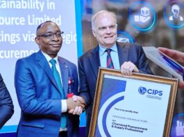 L-R: Director-General, Bureau of Public Procurement (BPP) Dr. Adebowale A. Adedokun, FCIPS, ACFE receiving his plaque as a Fellow Chartered Procurement and Supply Professional presented to him by the Chief Executive Officer of the Chartered Institute of Procurement and Supply, CIPS, UK, Mr. Ben Farrel