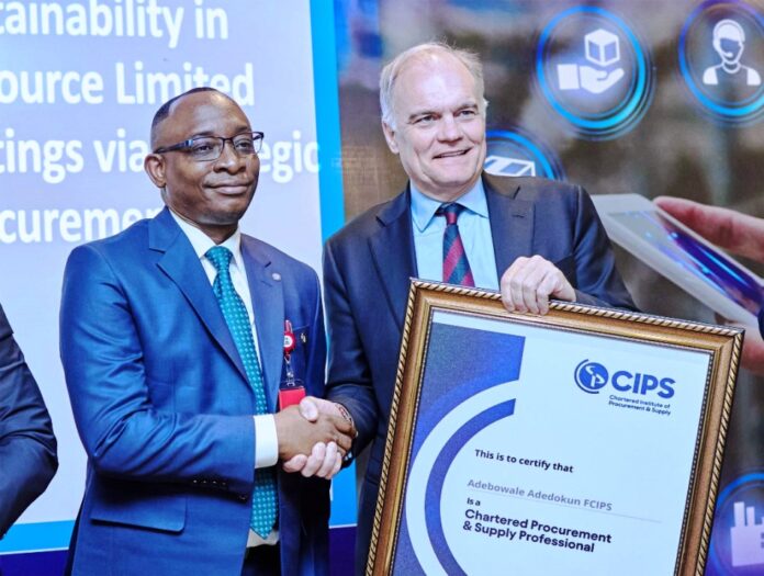 L-R: Director-General, Bureau of Public Procurement (BPP) Dr. Adebowale A. Adedokun, FCIPS, ACFE receiving his plaque as a Fellow Chartered Procurement and Supply Professional presented to him by the Chief Executive Officer of the Chartered Institute of Procurement and Supply, CIPS, UK, Mr. Ben Farrel