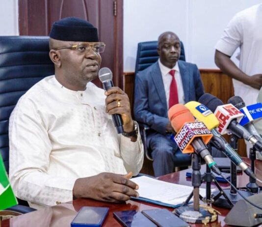 The Honourable Minister of Water Resources and Sanitation, Engr. Prof. Joseph Terlumun Utsev, FNSE, briefing the press today at the Ministry’s Conference Room in Abuja on the prevailing flood situation across the country, with particular emphasis on the recent Mokwa flood incident in Niger State and a renewed call to action based on the 2025 Annual Flood Outlook (AFO).