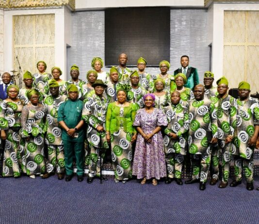 The Head of the Civil Service of the Federation, Mrs Didi Esther Walson-Jack, OON, mni, in a group photograph with her husband, Hon. Nimi Walson-Jack, Senior Pastor, Family Worship Centre, Mrs Sarah Omakwu and Federal Permanent Secretaries, during the thanksgiving service in Abuja.