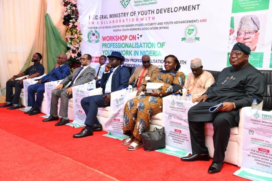 The Commissioner for Youth, Lagos State, Mobolaji Ogunlende; National President, Nigeria Youth Workers Association (NYWA), Ben Duntoye; Permanent Secretary, Federal Ministry of Youth Development, Olubunmi Olusanya; Honourable Minister of Youth Development, Comrade Ayodele Olawande; Acting Vice Chancellor, University of Abuja, Prof. Patricia Lar; and Chairman, Federal Civil Service Commission, Prof. Tunji Olaopa, at the Workshop on the Professionalisation of Youth Work in Nigeria, held at the University of Abuja.