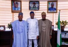 R-L 1. Honourable Minister of Finance and Coordinating Minister of the Economy Mr Wale Edun 2. Mr Femi Otedola, business tycoon and 3. Senator Abubakar Atiku Bagudu, Minister of Budget and Economic Planning in a group photograph shortly after the courtesy call today at the Federal Ministry of Finance Headquarters, Abuja