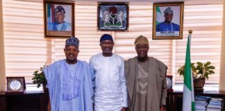 R-L 1. Honourable Minister of Finance and Coordinating Minister of the Economy Mr Wale Edun 2. Mr Femi Otedola, business tycoon and 3. Senator Abubakar Atiku Bagudu, Minister of Budget and Economic Planning in a group photograph shortly after the courtesy call today at the Federal Ministry of Finance Headquarters, Abuja
