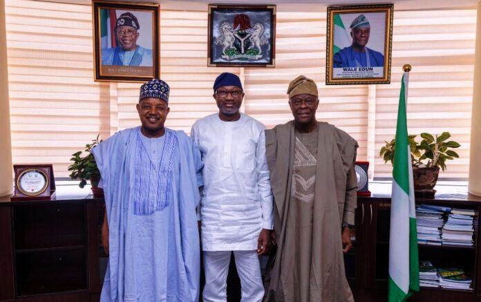 courtesy call today to Finance Ministry R-L 1. Honourable Minister of Finance and Coordinating Minister of the Economy Mr Wale Edun 2. Mr Femi Otedola, business tycoon and 3. Senator Abubakar Atiku Bagudu, Minister of Budget and Economic Planning in a group photograph shortly after the courtesy call today at the Federal Ministry of Finance Headquarters, Abuja