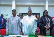 The 11th Ministerial Oversight Committee MOC meeting of the Basic Health Care Provision Fund BHCPF held in Abuja. L-R: Dr. Iziaq Adekunle Salako Honourable Minister of State for Health & Social Welfare; Coordinating Minister for Health & Social Welfare & Chair MOC, Prof. Muhammad Ali Pate & Ms. Daju Kachollom mni, Permanent Secretary Federal Ministry of Health & Social Welfare.