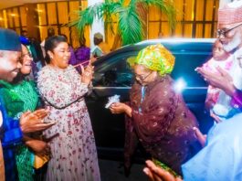 Engr. Dr. Bahijjahtu Abubakar being presented with the key to a SUV(JAC) 4,2024 model, by the Head of the Civil Service of the Federation, Mrs Didi Esther Walson-Jack, OON, mni, at the 2025 Federal Civil Service Rewards and Recognition Awards Ceremony, in Abuja.