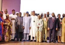 The 8th person in the picture from R-L is the Honourable Minister of Solid Minerals Development, Dr. Dele Alake. The 6th person is the Minister of Power, Chief Adebayo Adelabu. The 9th person is the Permanent Secretary of Solid Minerals Development Engr. Faruk Yusuf Yabo FNSE. The Kenyan Cabinet Secretary, Ministry of Mining, Blue Economy and Maritime Affairs of Kenya, Hassan Ali Joho. The Chief Executive officer of Tour Exploration, Segun Lawson including participants from different countries and Nigeria. During the opening session of the 4th edition of the African Natural Resources and Energy Investment Summit (AFNIS 2025), at the Banquet Hall of the State House, Abuja on 16th July, 2025