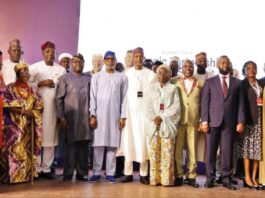 The 8th person in the picture from R-L is the Honourable Minister of Solid Minerals Development, Dr. Dele Alake. The 6th person is the Minister of Power, Chief Adebayo Adelabu. The 9th person is the Permanent Secretary of Solid Minerals Development Engr. Faruk Yusuf Yabo FNSE. The Kenyan Cabinet Secretary, Ministry of Mining, Blue Economy and Maritime Affairs of Kenya, Hassan Ali Joho. The Chief Executive officer of Tour Exploration, Segun Lawson including participants from different countries and Nigeria. During the opening session of the 4th edition of the African Natural Resources and Energy Investment Summit (AFNIS 2025), at the Banquet Hall of the State House, Abuja on 16th July, 2025