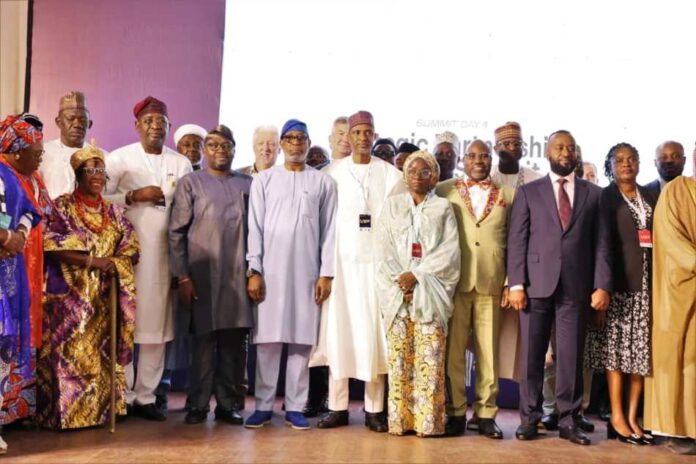 The 8th person in the picture from R-L is the Honourable Minister of Solid Minerals Development, Dr. Dele Alake. The 6th person is the Minister of Power, Chief Adebayo Adelabu. The 9th person is the Permanent Secretary of Solid Minerals Development Engr. Faruk Yusuf Yabo FNSE. The Kenyan Cabinet Secretary, Ministry of Mining, Blue Economy and Maritime Affairs of Kenya, Hassan Ali Joho. The Chief Executive officer of Tour Exploration, Segun Lawson including participants from different countries and Nigeria. During the opening session of the 4th edition of the African Natural Resources and Energy Investment Summit (AFNIS 2025), at the Banquet Hall of the State House, Abuja on 16th July, 2025